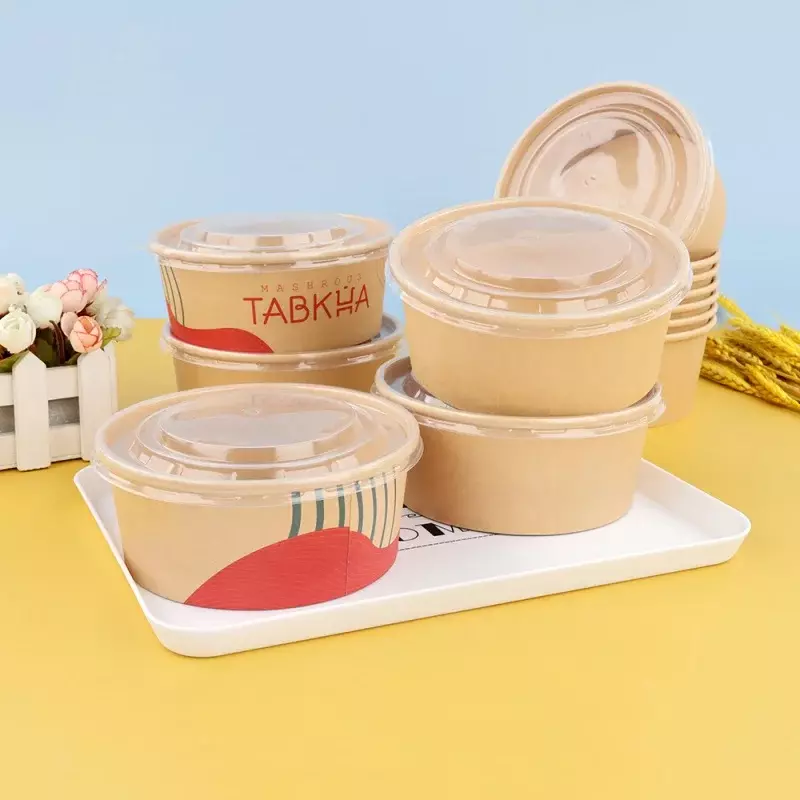 Recipiente de papel desechable con logotipo personalizado, cuencos de Papel kraft con tapa para ensalada, embalaje para llevar alimentos