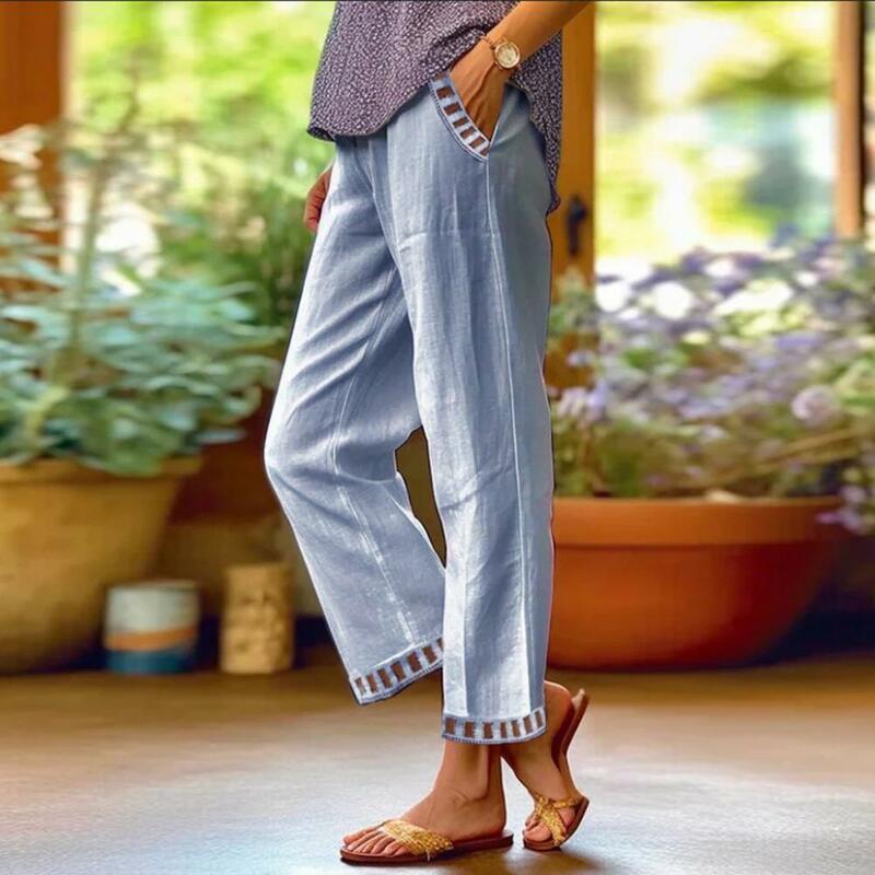 Calça casual de cintura ajustável feminina, perna larga elástica, inclui costura oca, streetwear elegante