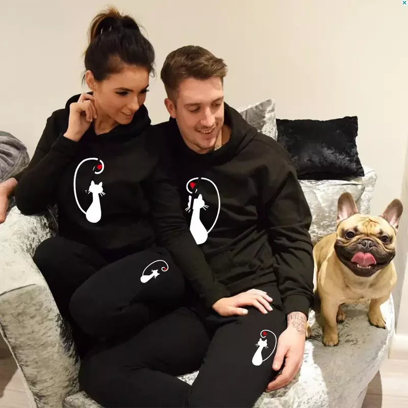 Cat Printed Couples Hoodie Set Lover Winter Hoodies and Sweatpants 2PCS Clothing Casual Sports Men Women Tracksuit