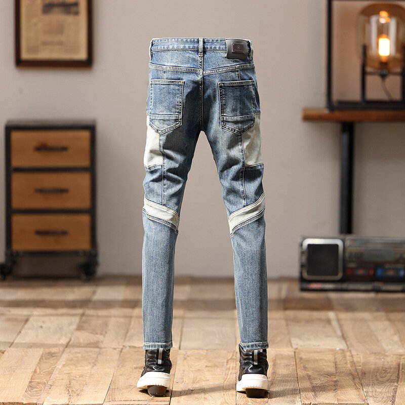 2024High-End Jeans Men's Stitching Trendy Retro Street Personalized Design Slim Fit Skinny Motorcycle Pants