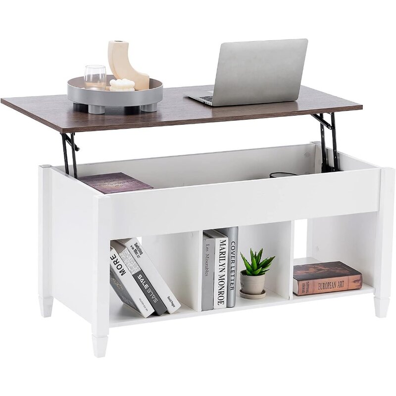 Журнальный столик, белый, со стеллажом для хранения/скрытым отсеком, газовый подъемный выдвижной журнальный столик