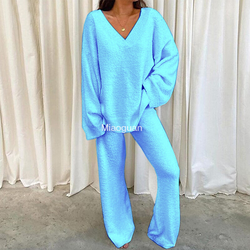 Conjunto de pijama feminino monocromático de duas peças, pijama com decote em v, top quente e calça comprida, conforto e casual, diário e doméstico, inverno