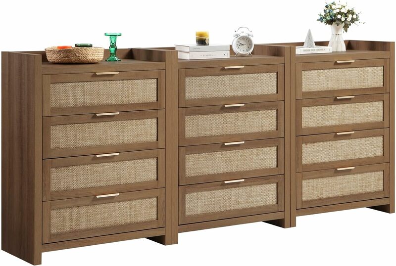 Dresser for Bedroom Chest of Drawers Tall Dresser with 4 Rattan Drawers Wood Dresser for Closet Boho Clothes Storage Tower
