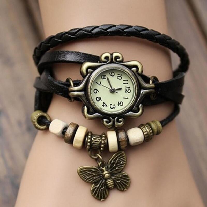 Mostrador relógio de pulso relógio multicamadas borboleta contas tecer envoltório corrente relógio feminino menina falso couro quartzo pulseiras pulseira