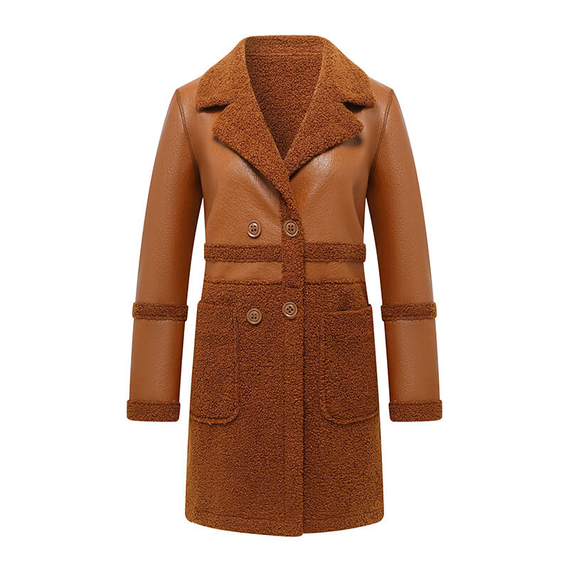 Winter mid length plush and thick suit collar, wearing loose PU leather jacket on both sides for women  coat