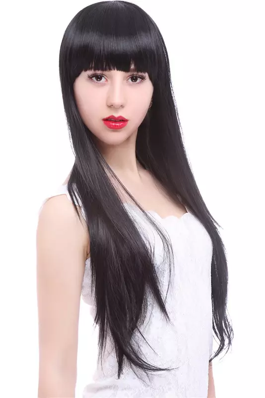 Wig cosplay fashion gaya desain baru hitam panjang rambut lurus