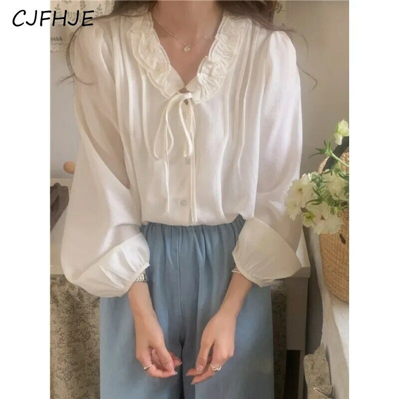 CJFHJE koreańska wersja damska jednolita kolorowa szyfonowa koszula z dekoltem w serek wiosenna francuska słodka drewniana koszulka damska z długim rękawem