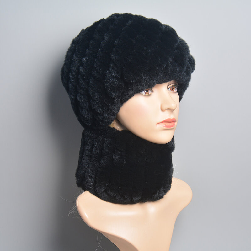 Conjunto de bufanda de piel de conejo Rex Real para mujer, gorro de mufla de piel de conejo Rex Natural cálido, sombreros de invierno, buena elasticidad