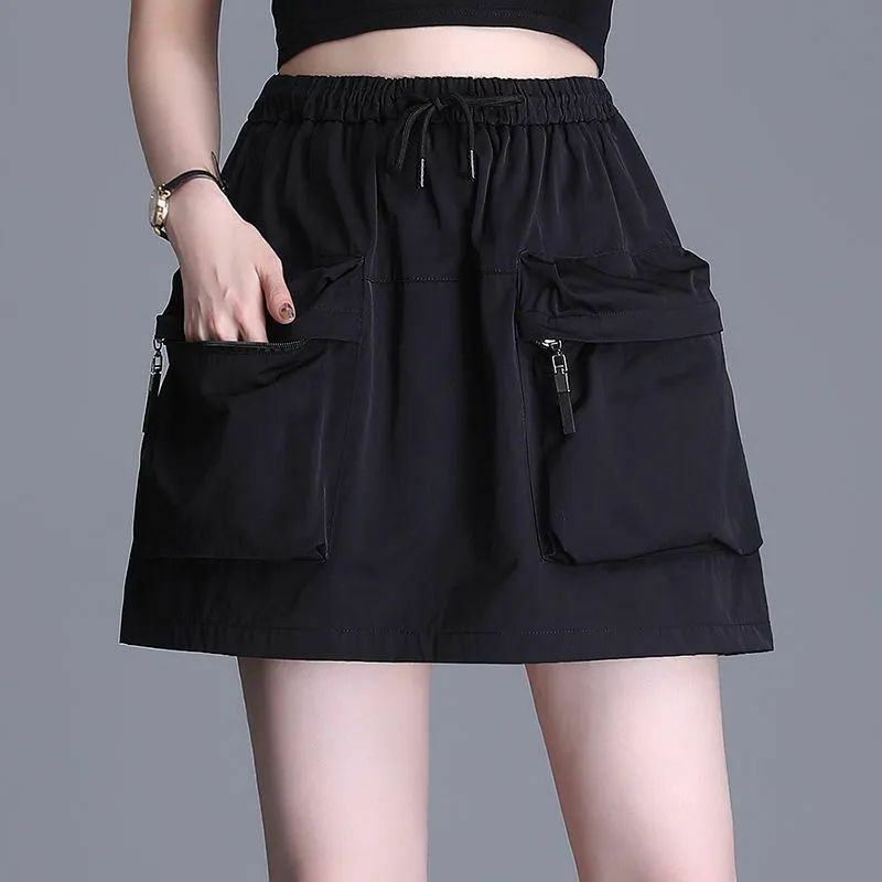 High Waist Loose Pockets Patchwork A-line Short Skirt Summer New Solid Color Drawstring Skirts Casual Vintage Women Clothing