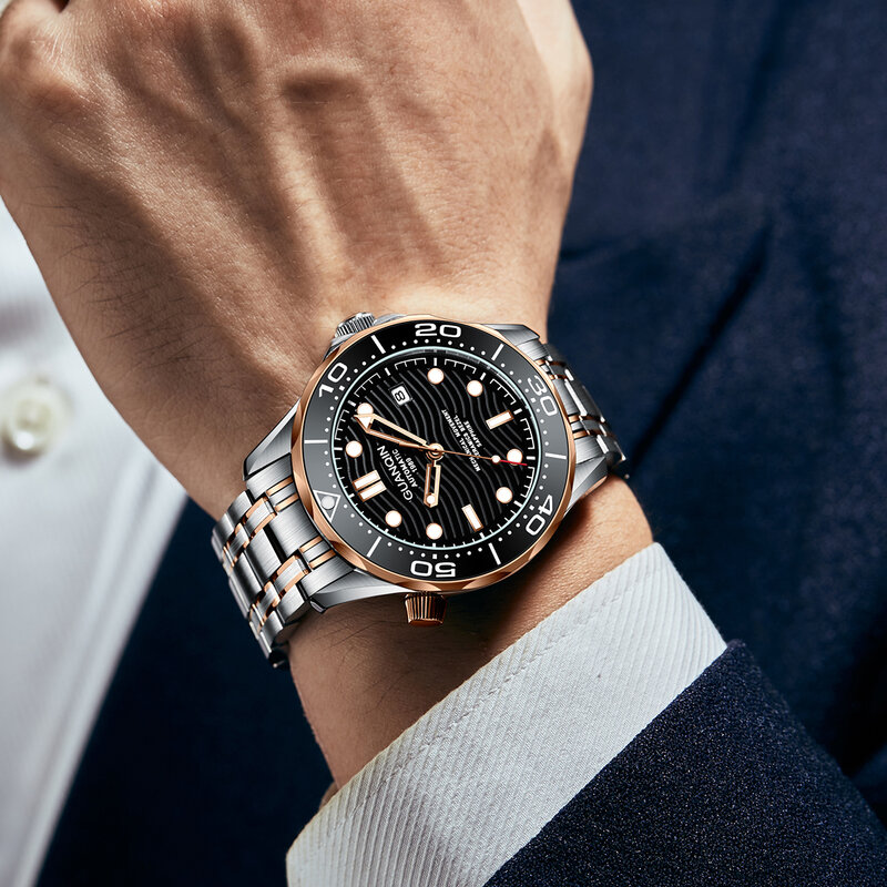 GUANQIN męskie zegarki do nurkowania automatyczny zegarek mechaniczny dla mężczyzn szafirowe szkło 100M wodoodporna stal nierdzewna zegarek na rękę mężczyzn
