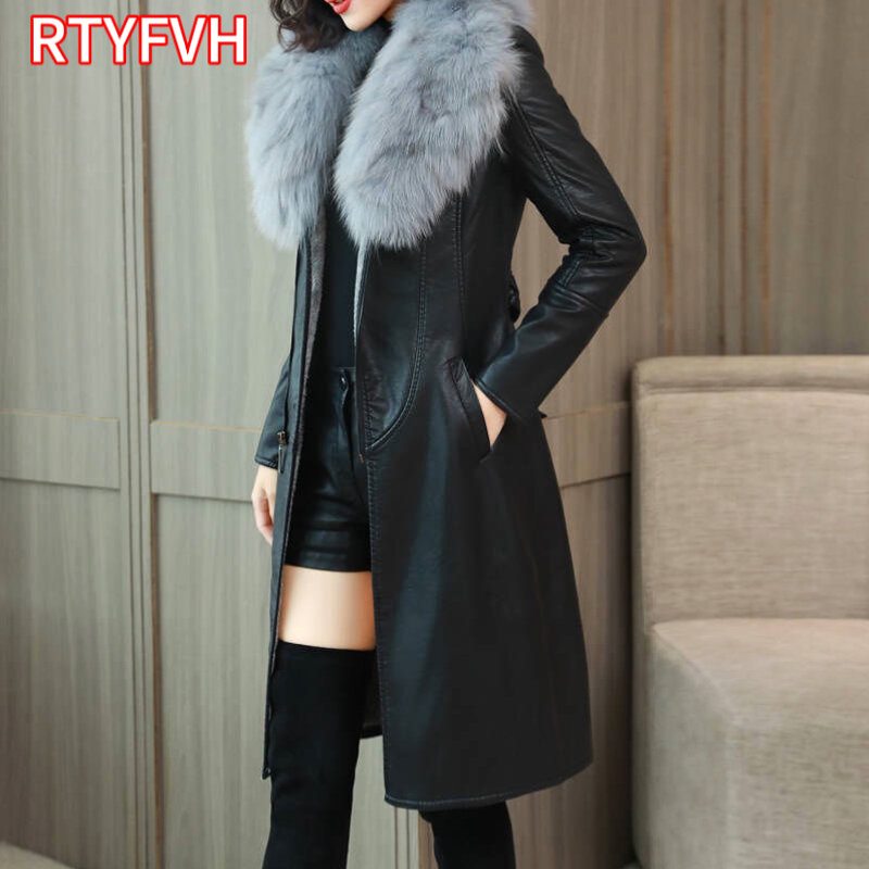 Giacca in pelle da donna inverno 2024 nuovo aggiungi velluto caldo sottile collo di pelliccia grande cappotto lungo in pelle capispalla femminile con cintura M-4XL