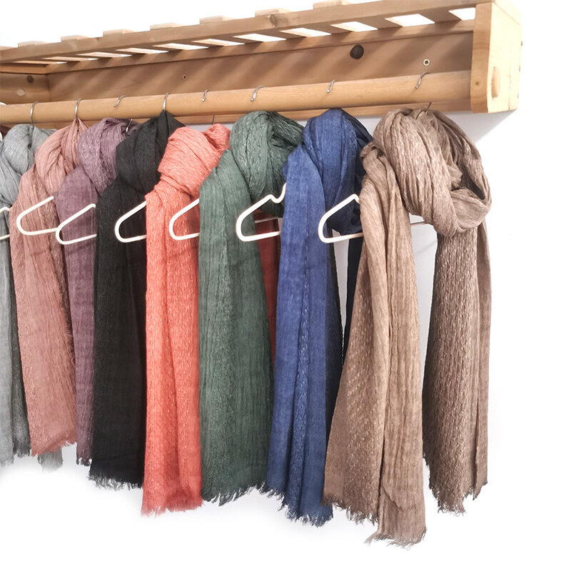 男性と女性のためのレトロなしわのある綿のスカーフ,単色,芸術的なラップ,多用途のアクセサリー,秋冬