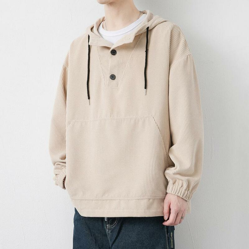 Fashionable Button-up Hoodie Men's Solid Color Hoodie with Drawstring Patch Pocket Loose Button Decor Pullover for Fall for Men