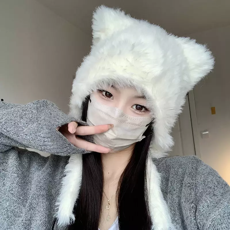 Autumn and Winter Soft Plush Cute Cat Ears Sweet Pullover Women's Hats Korean Casual Shopping Ear Protection Strap Beanies Cap