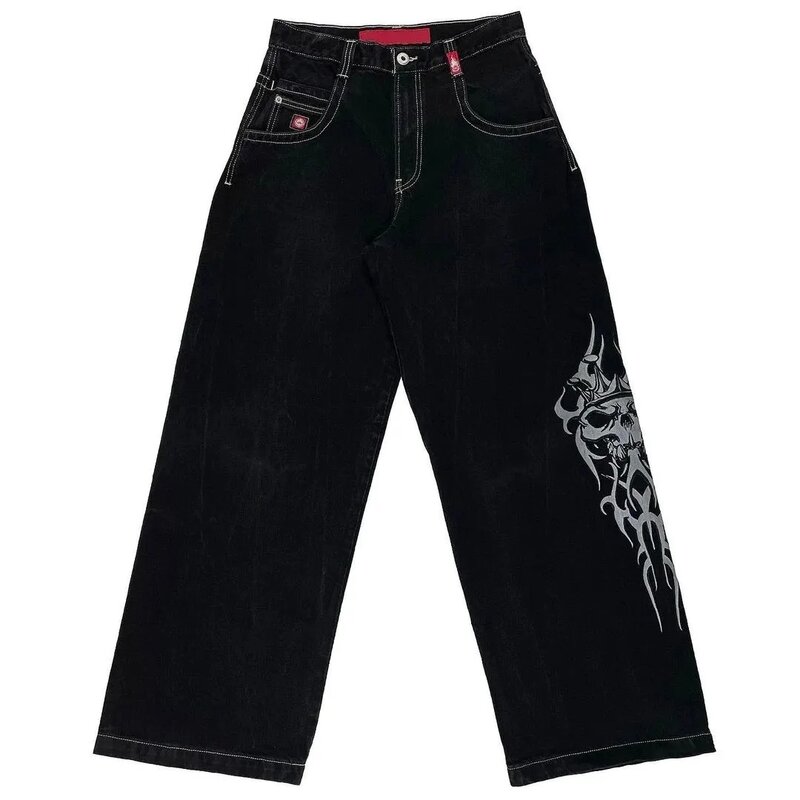 Padrão de crânio feminino Jeans Baggy, Y2k americano, calças jeans vintage, calças largas góticas, bolso, Streetwear extragrande, venda quente