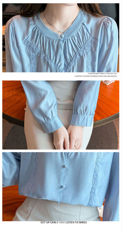 FANIECES-Blusa feminina de manga comprida com o pescoço, camisa básica de escritório, tops chiques, azul sólido, doce, estilo coreano, moda