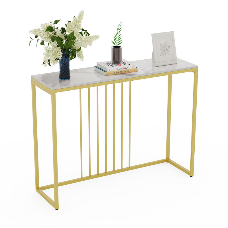 Moderno accent console mesa de mármore ouro metal quadro prateleira armazenamento exibição mesa estreita para corredor entrada sala estar entrada
