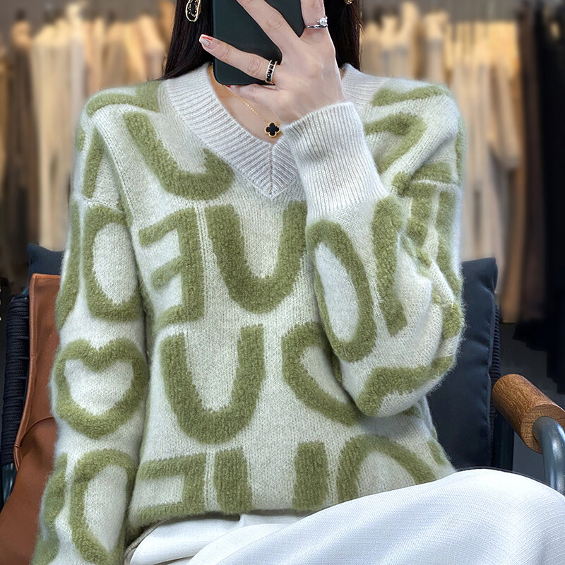 2023 jesień/zima nowy sweter damski 100% wełniany sweter kaszmirowy luźny dekolt w szpic dziergany sweter koreański modny haft Top