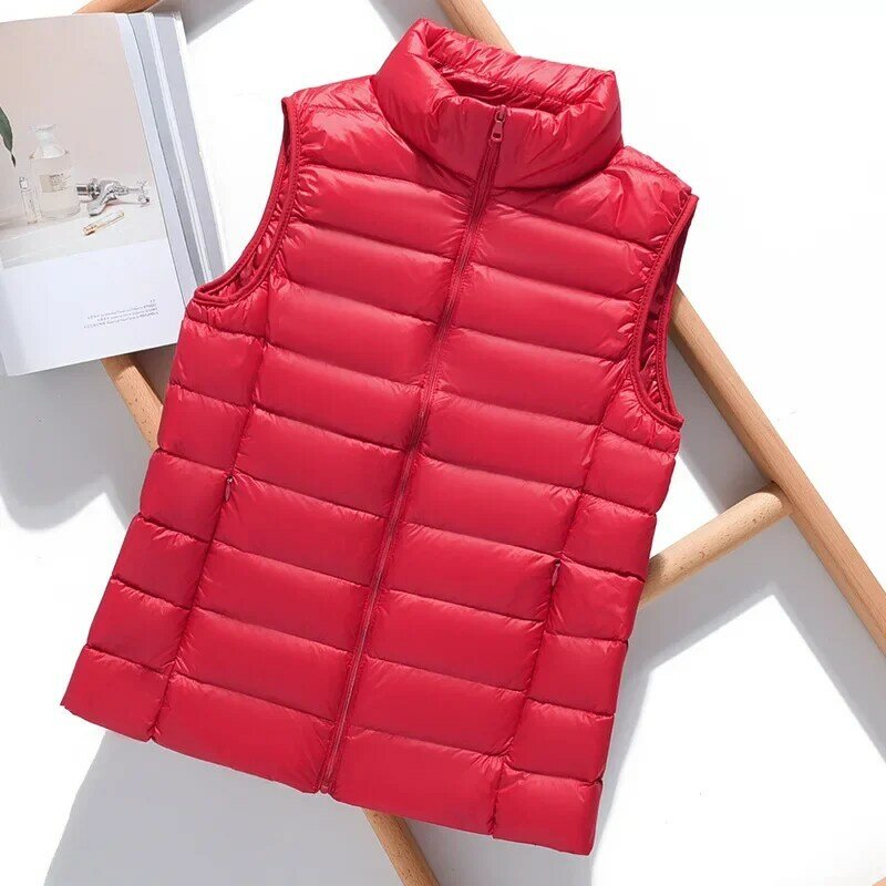 여성용 민소매 초경량 다운 조끼, 따뜻한 겨울 단색, 90% 화이트 덕 다운 재킷, 여성 웨어러블 조끼 코트