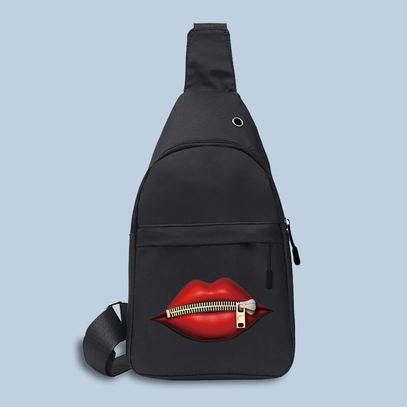 Bolso de pecho cruzado para hombre y mujer, bolsa de pecho con carga USB, auriculares, agujero de Cable, mochila de mensajero, patrón de boca