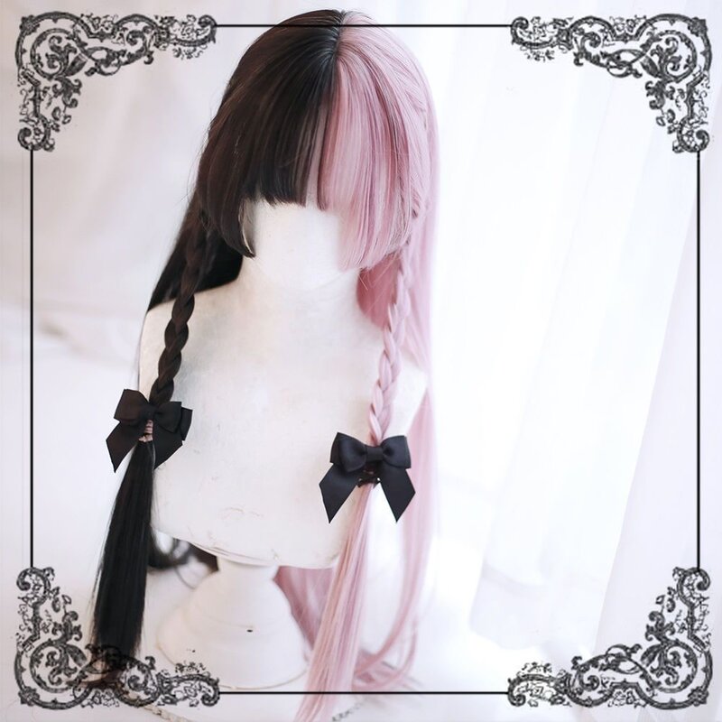 Wig Lolita hitam merah muda putih sintetis untuk wanita Wig lurus panjang dengan Wig Cosplay Impact Genshin poni