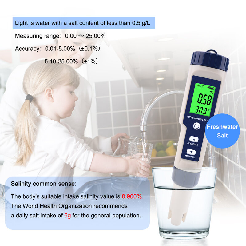 Medidor digital de la calidad del agua 5 en 1, dispositivo que mide la temperatura, salinidad, TDS, EC y PH del agua de piscinas y acuarios y agua potable