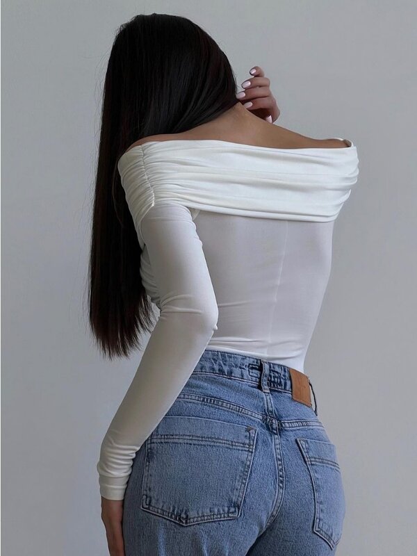 Macacão de retalho branco feminino, plissado, fino, cintura alta, manga comprida, macacão fora do ombro, streetwear sexy