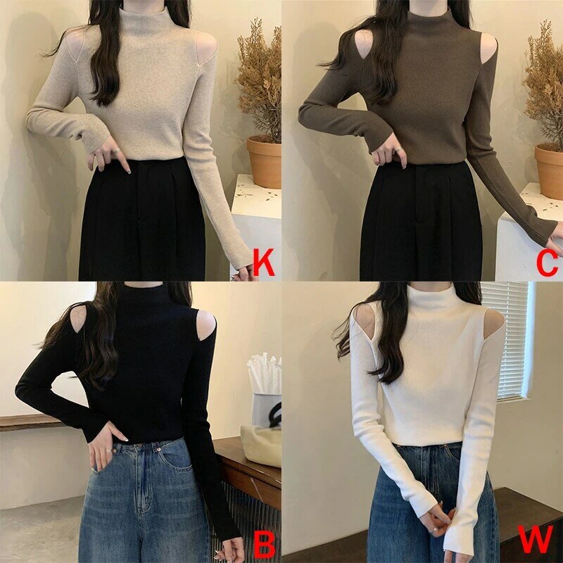 Women's Knitted Top Long Sleeves Half Turtleneck off-shoulder Solid Colour Slim Fit Autumn Winter Hollow out Sweater