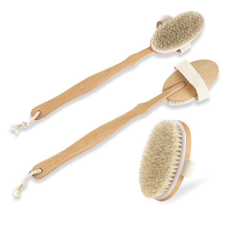 Cepillo de ducha de cerdas naturales con frotador de espalda, herramienta de limpieza de masaje corporal Exfoliante para piel seca con mango de madera, desmontable largo