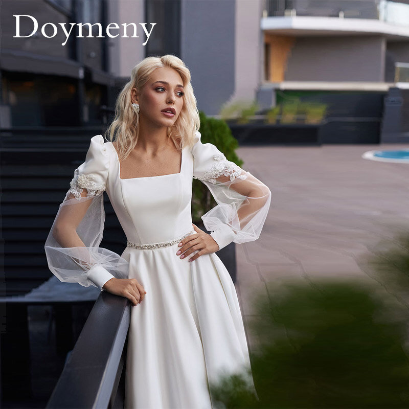Элегантное Атласное Свадебное Платье Doymeny, тюль с пышными рукавами, квадратный воротник, аппликация, пуговицы, сзади, с поясом, со шлейфом, Robe De Mariee