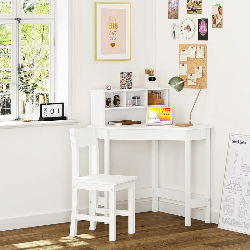 UTEX 어린이용 책상, 목제 스터디 책상, 의자 포함, 보관함 및 허치가 있는 필기 책상, 가정 학교 사용, 흰색