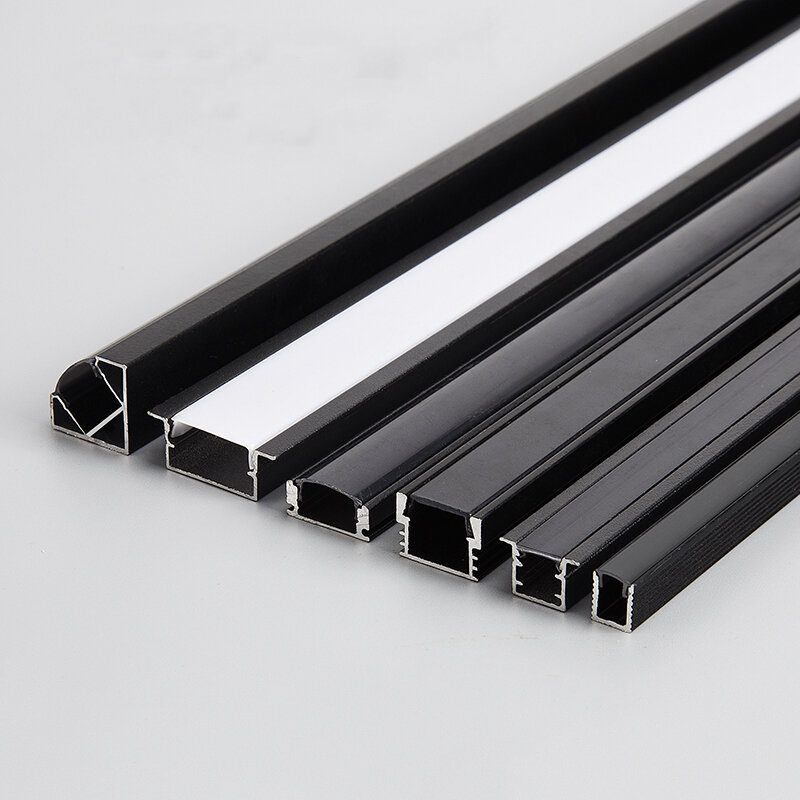 Zwart Led Aluminium Profiel U/W/V Met Milky Pc Cover Keukenkast Kast Lamp Led Strip Plank licht Kanaal Houder Diffuser
