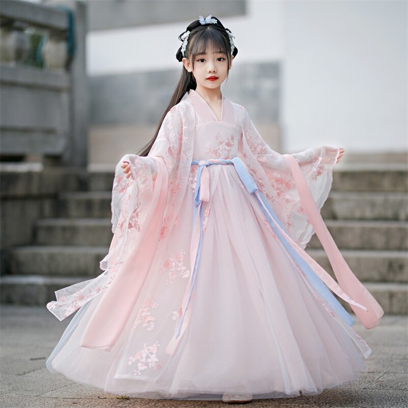 Hanfu Kinderen Oude Kostuum Lente Herfst Oude Fee Prinses China Kersenbloesem Borduurwerk Chinese Traditionele Jurk