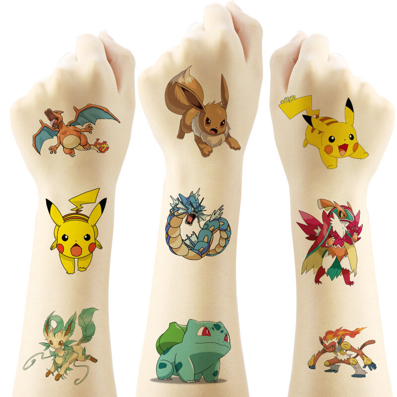 Pegatinas de tatuaje de Pokémon para niños, tatuajes temporales de Pikachu, suministros para fiestas de cumpleaños, bonitos tatuajes, pegatinas de decoración, novedad de 2024