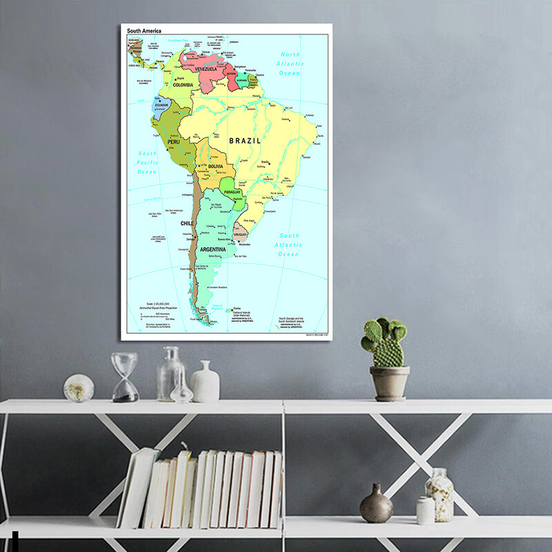 100*150Cm Peta Amerika Selatan Dalam Bahasa Inggris Poster Dinding Besar Semprot Kanvas Lukisan Ruang Keluarga Dekorasi Rumah Perlengkapan Sekolah