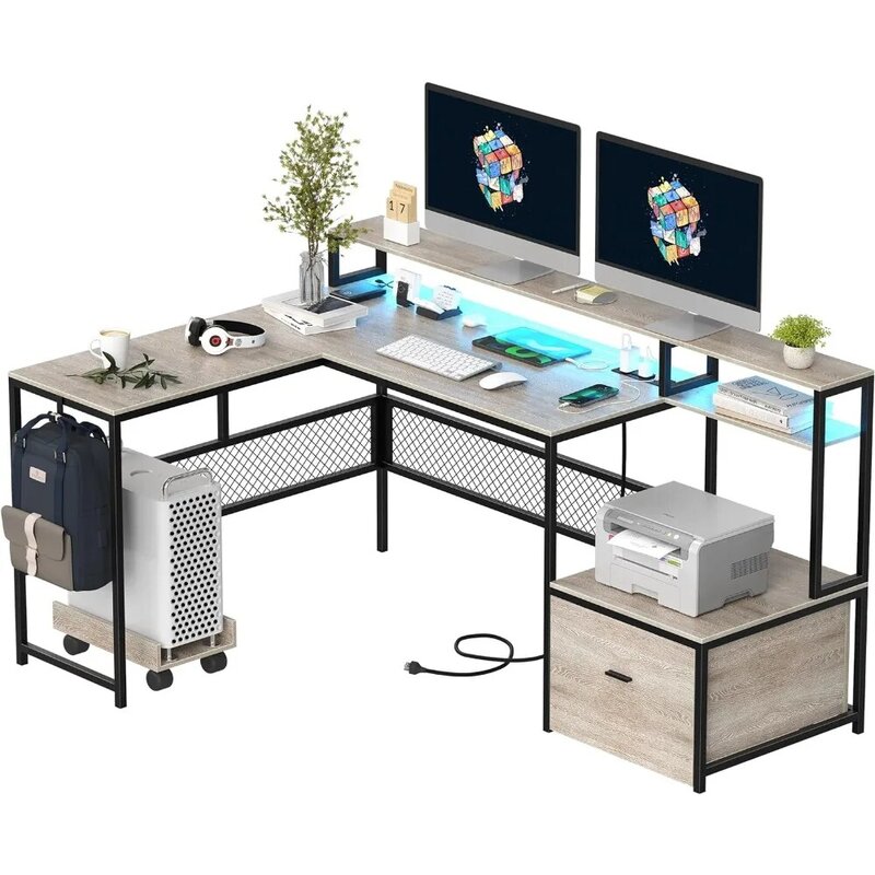 Mesa em forma de L com gavetas, 66 "Home Office Desk, com Power Outlet e Led Strip, mesa do computador reversível com armazenamento