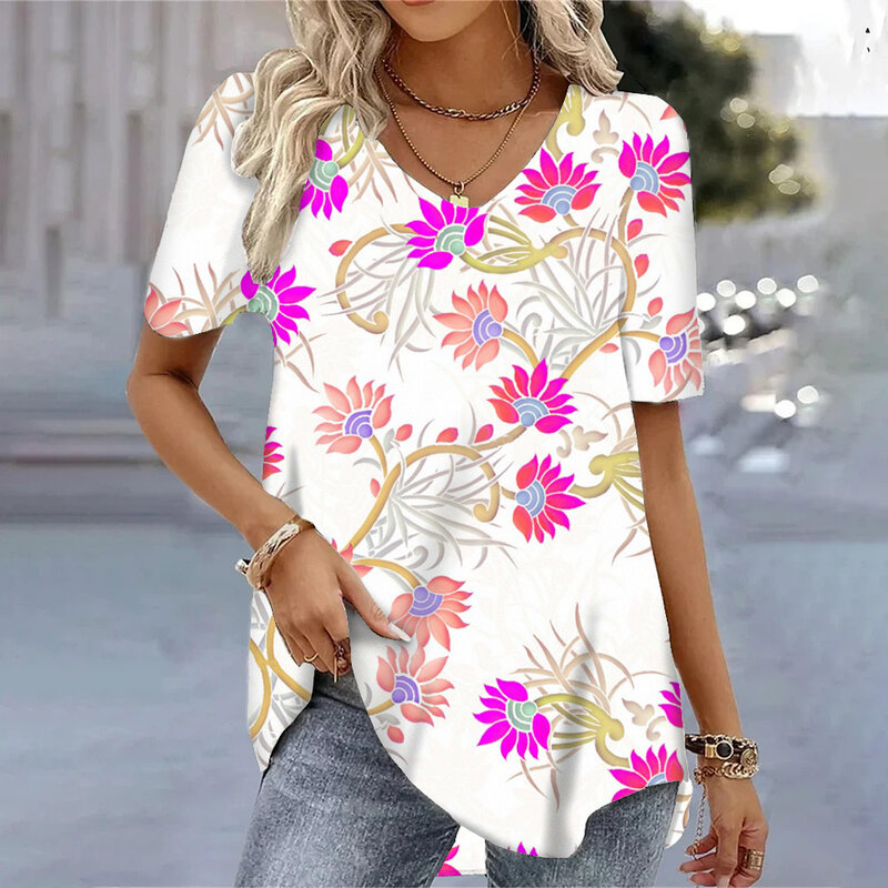 Kaus wanita lengan pendek leher-v, t-shirt motif Bohemia 3d, atasan blus gaya Hawaii, pakaian musim panas