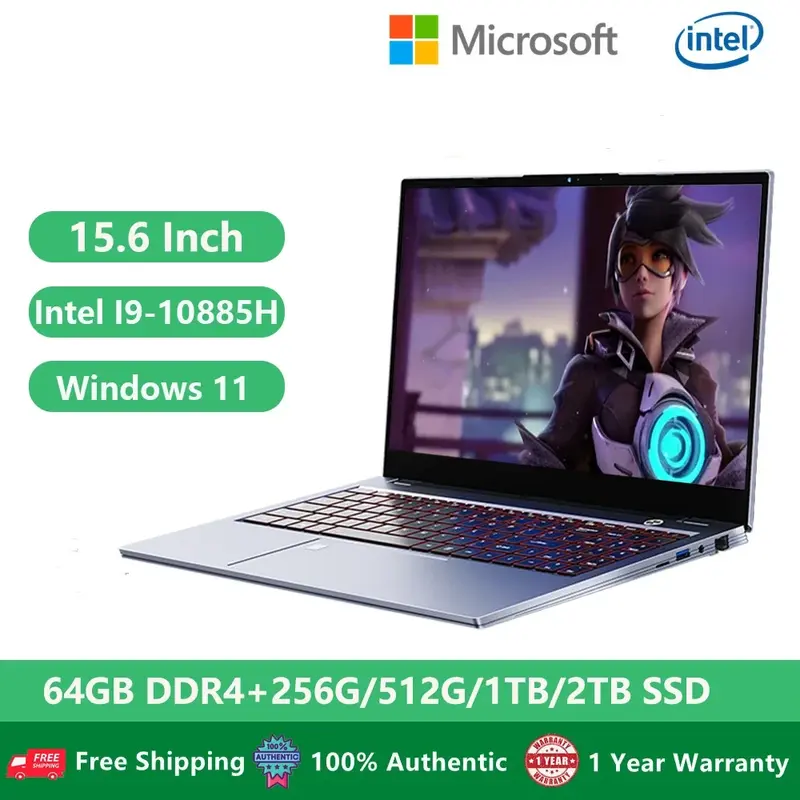 Computador portátil e desktop, Notebooks de jogos de escritório, Windows 11, 15.6 ", 10 Gen, Intel Core I9-10885H, 64GB RAM, 2TB SSD, Dual M.2 RJ45