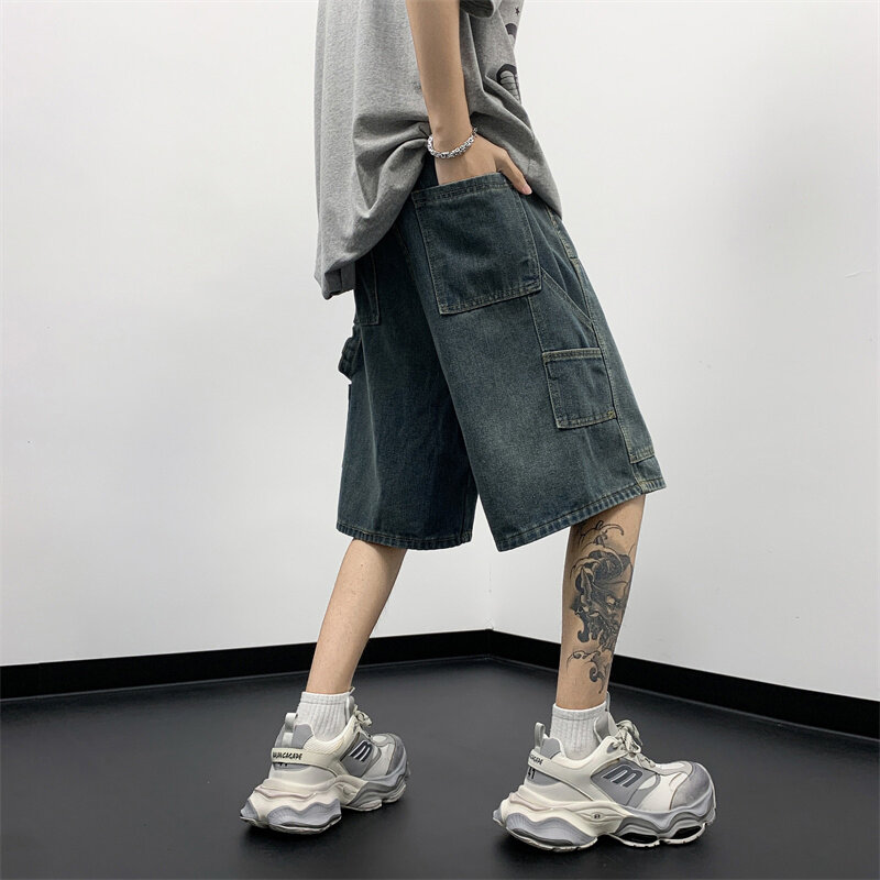 FEWQ-Shorts jeans laváveis masculinos, rua alta americana fina, solta na moda, monocromática, 24X9126, moda verão, novo, 2024