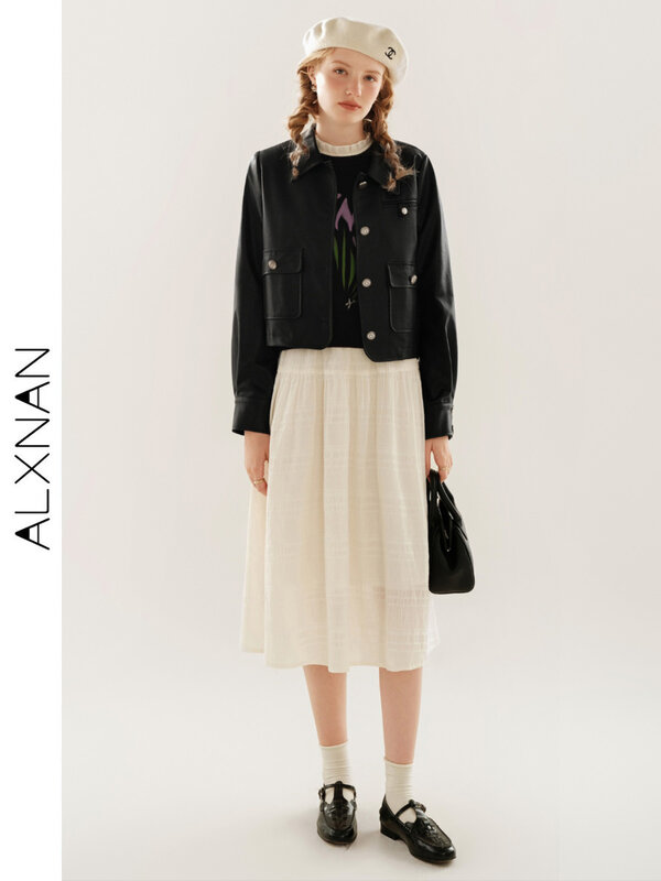 ALXNAN jaket kulit imitasi bergaya antik wanita, jaket Pu High Street 2024 modis kerah kebesaran pakaian luar crop kasual TM00510