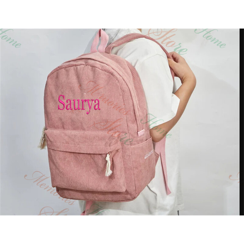 Вельветовый школьный портфель с индивидуальным именем, простой рюкзак для кампуса для мальчиков и девочек, индивидуальная уличная Вельветовая сумка через плечо