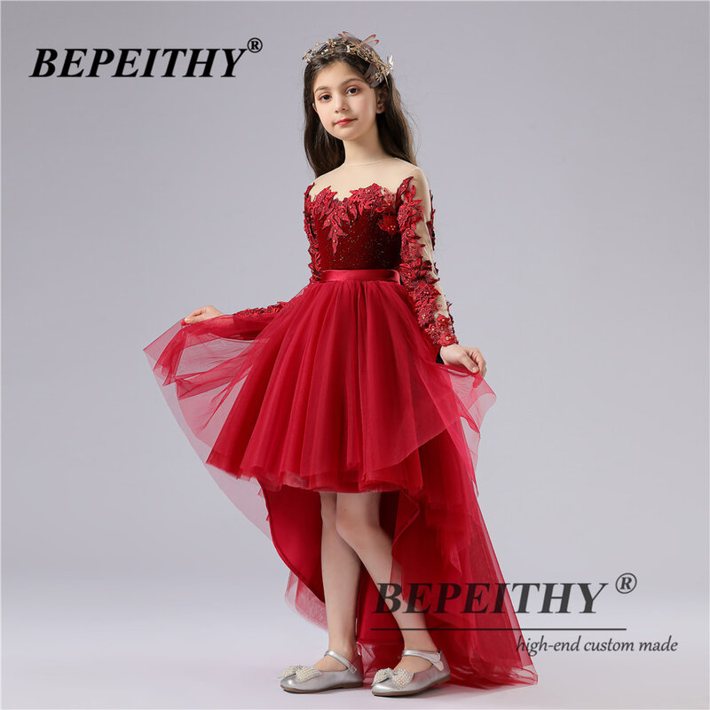 BEPEITHY – Robe Princesse en dentelle bordeaux pour filles, tenue De mariage à manches longues, motif floral, pour anniversaire, pour enfants