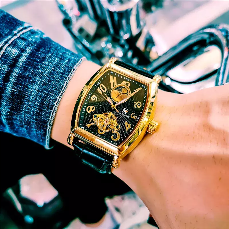 AOKULASIC Moon Phase Automatic Mechanical Watch Men Gold Tonneau Tourbillon Watches Genuine Leather Strap Clock Male Wristwatch