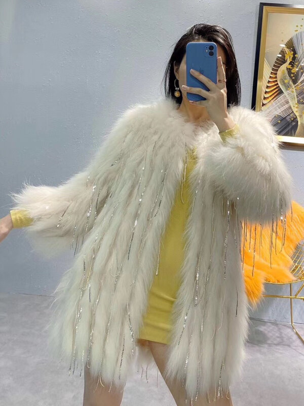 Tassel Fur Coat Young Womens Clothes Medium Length Raccoon Fur Woven Fashion Winter Glitter Knitted Long Sleeve Jacket for Women