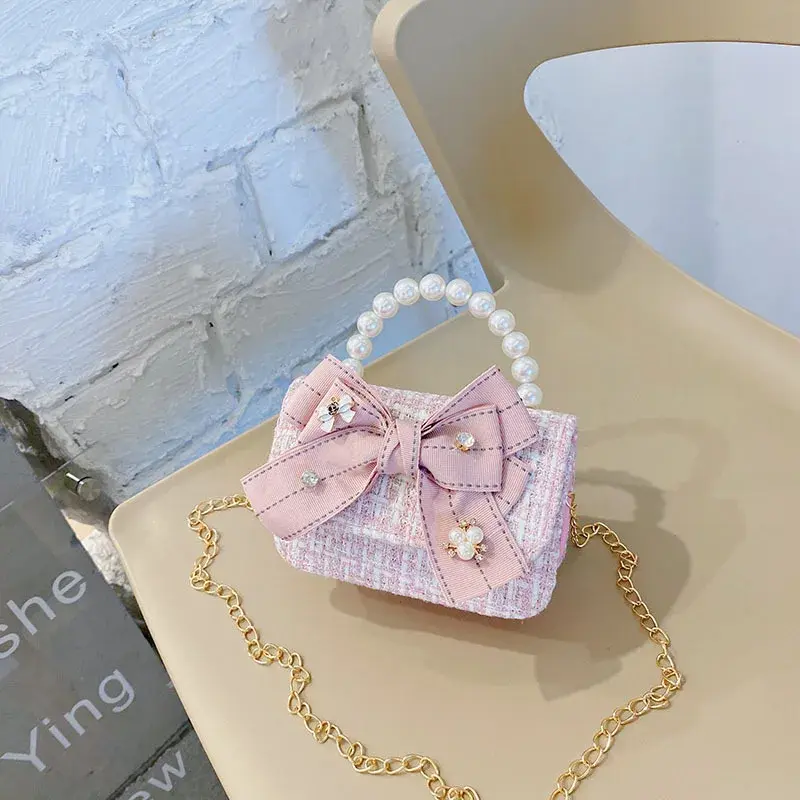 Fashion Mini Cute Princess Handbags Girl Classic Coin Purse Tweed Handbag Children Wallet Kid Money Bag Baby Shoulder Chain Bag