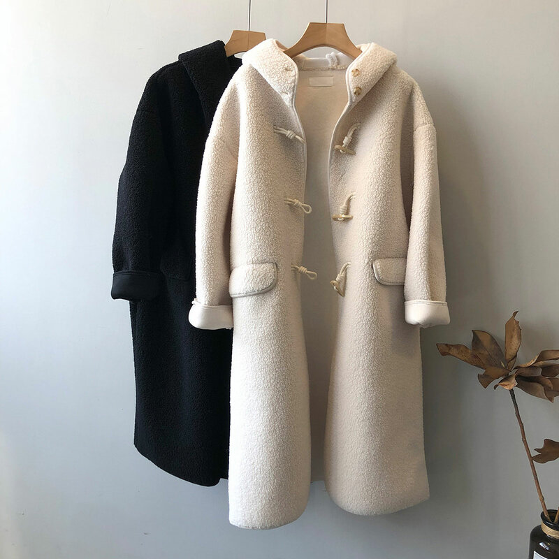 2023 Winter Women Fur Coat Thick Warm Loose Long Coats Women Horn Button Pocket Solid Overcoat Femme Jackets Casual Woolen Coat