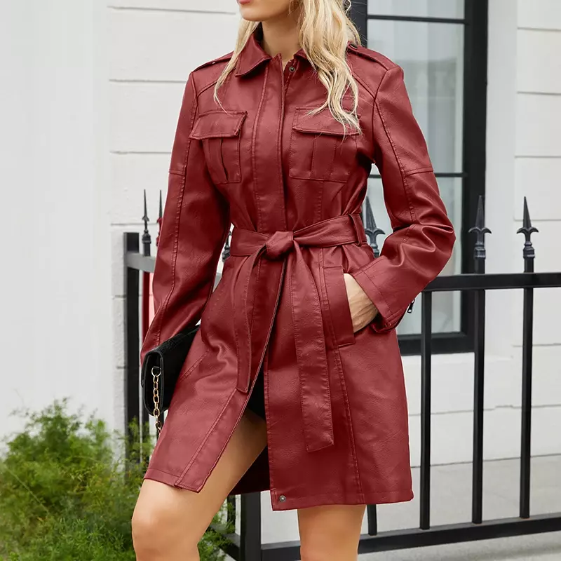 Pakaian kulit wanita, pakaian wanita warna Solid, jaket Jalan kantor elegan dengan sabuk kulit imitasi lengan panjang ramping ritsleting