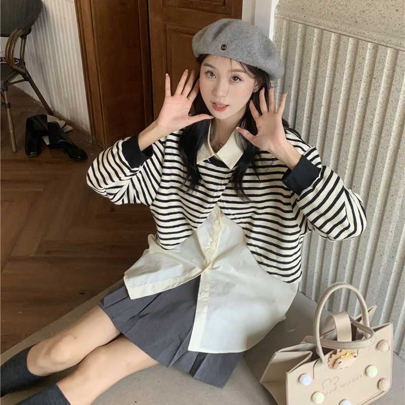 Striped Stitching False Two-Piece Sweaters Women's Design Sense Niche Autumn 2022 New Polo Collar Loose Long Sleeve Top