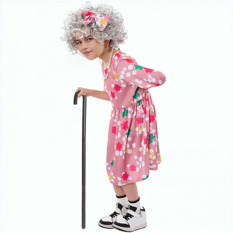 Costume de grand-mère grand-mère pour enfants, ensemble de olympiques de cosplay pour enfants, vieille dame, perruque, canne, lunettes, nœud pour Halloween