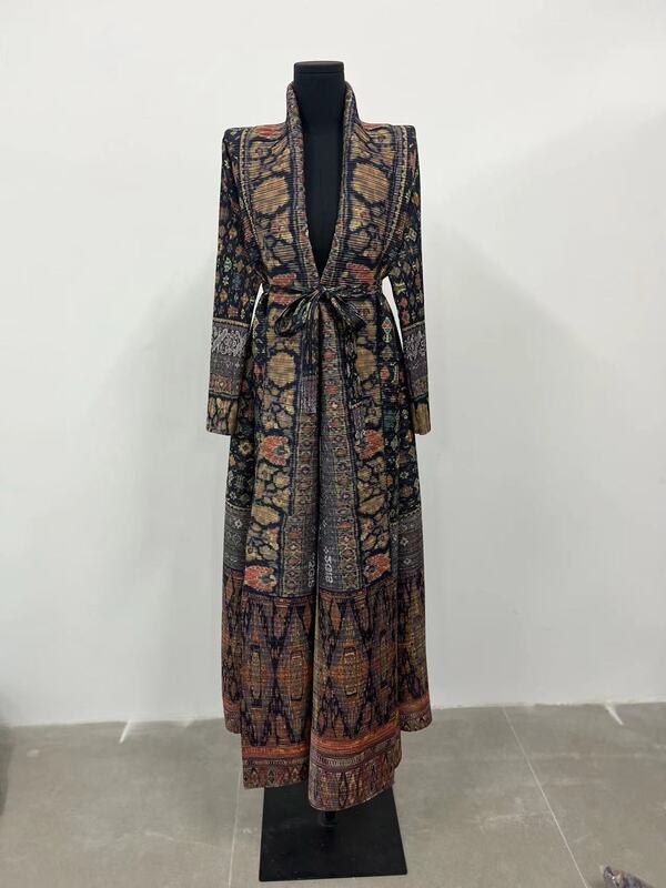 Miyake-Trench coat feminino de gola dobrável, estampa plissada, manga comprida, moda designer original, vestido de cardigã, inverno, novo, 2024